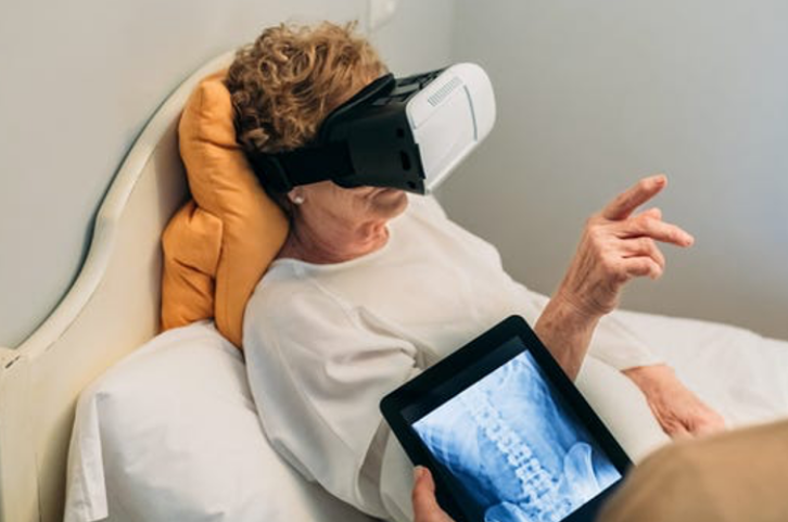 Older woman wears technological medical device